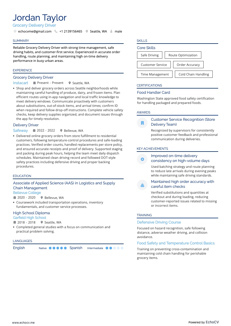 Grocery Delivery Driver example resume