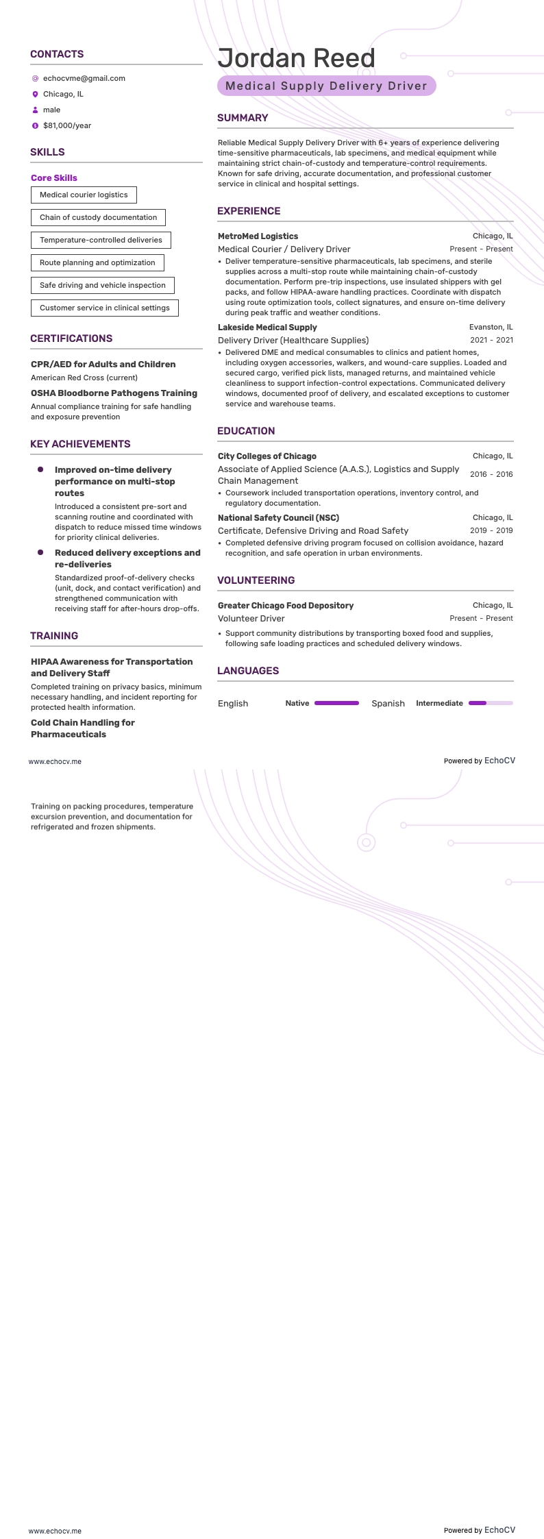 Medical Supply Delivery Driver example resume