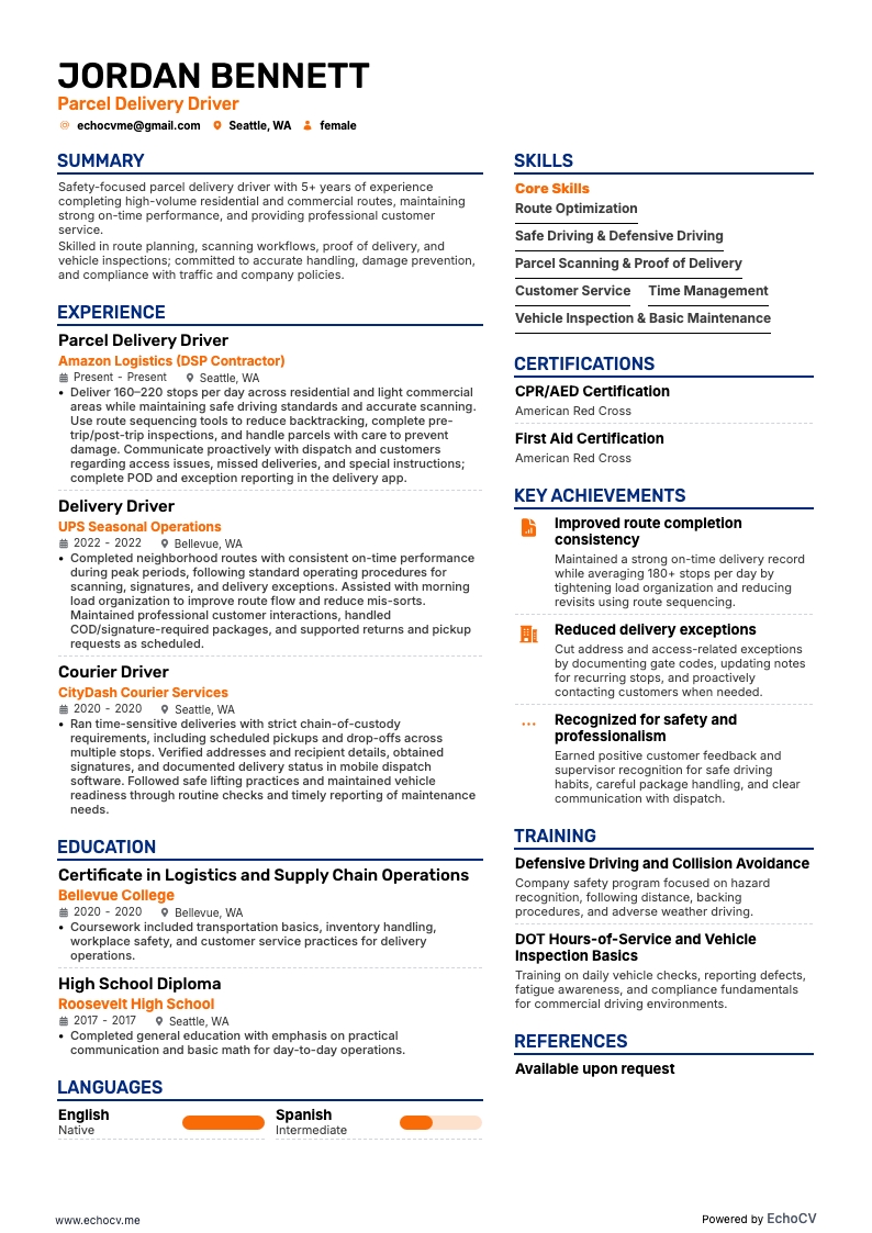 Parcel Delivery Driver example resume