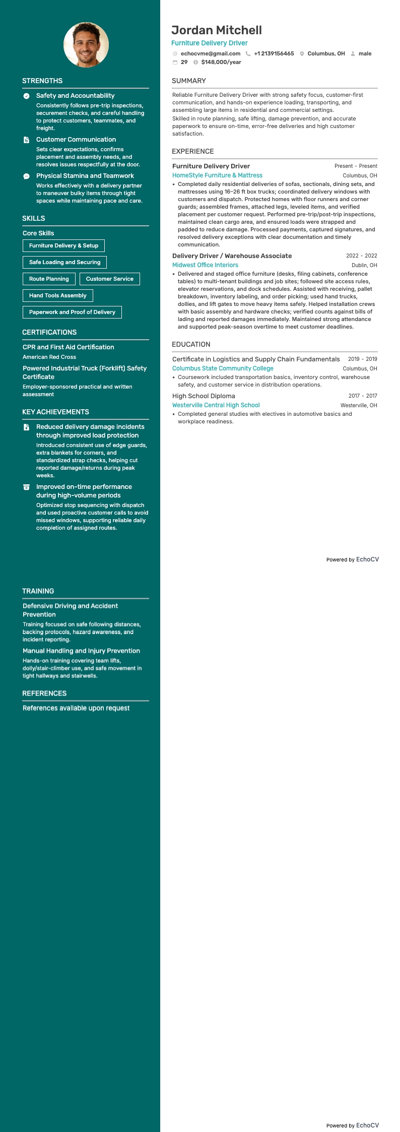 Furniture Delivery Driver example resume