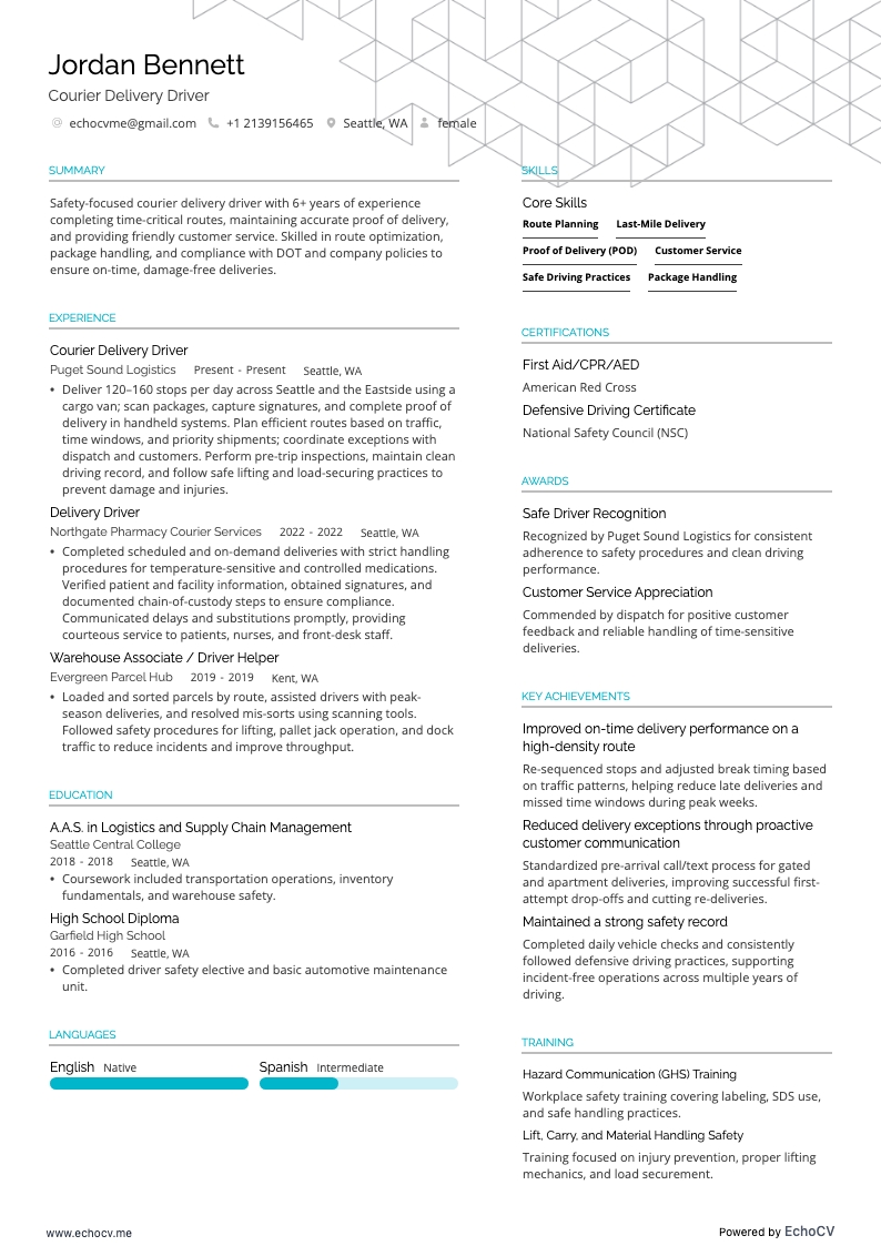 Courier Delivery Driver example resume