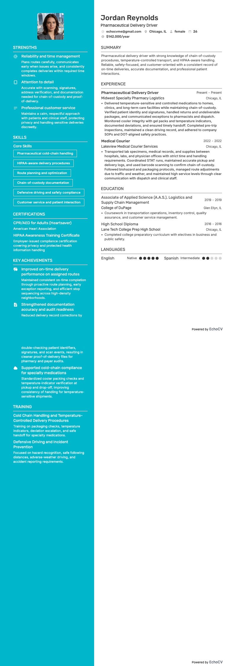 Pharmaceutical Delivery Driver example resume