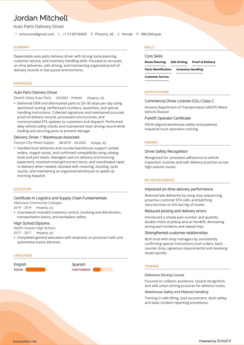 Auto Parts Delivery Driver example resume