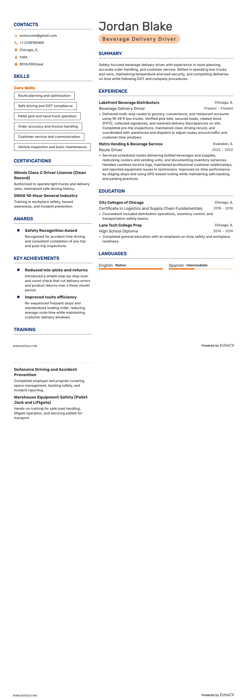 Beverage Delivery Driver example resume