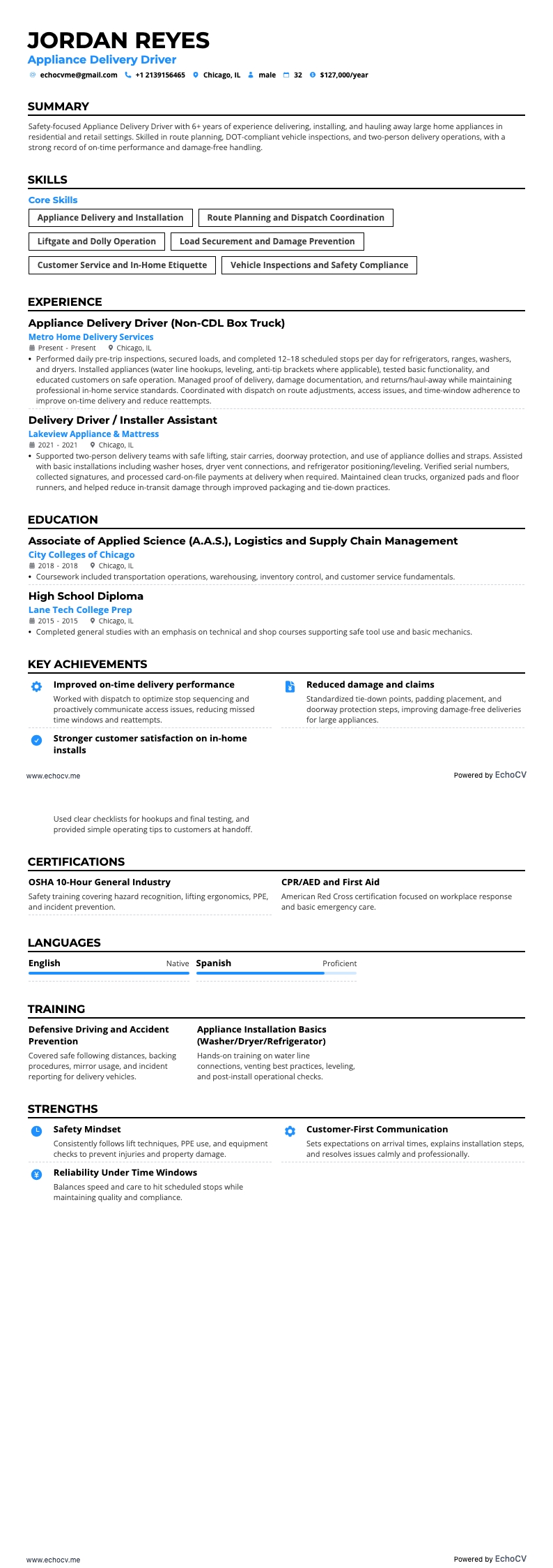 Appliance Delivery Driver example resume