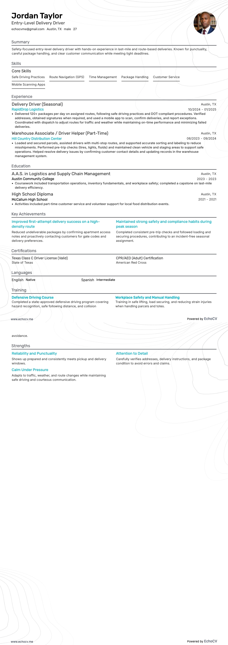 Entry-Level Delivery Driver example resume