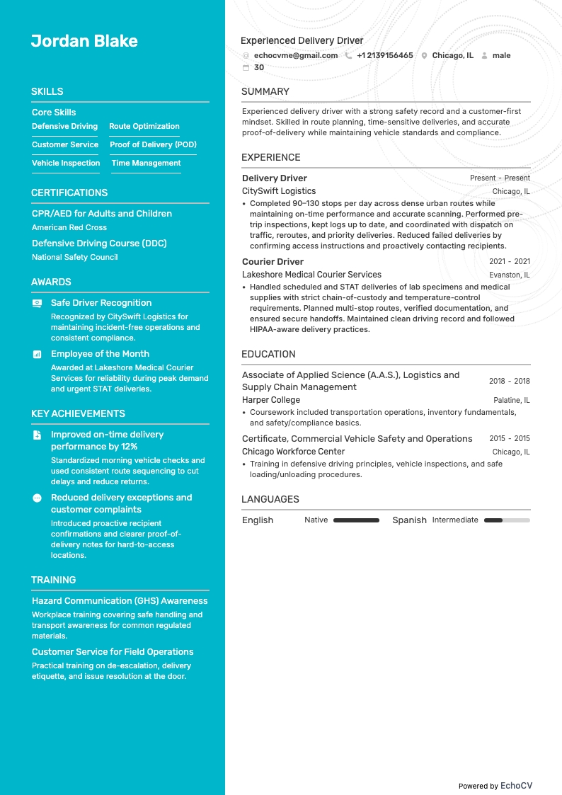 Experienced Delivery Driver example resume