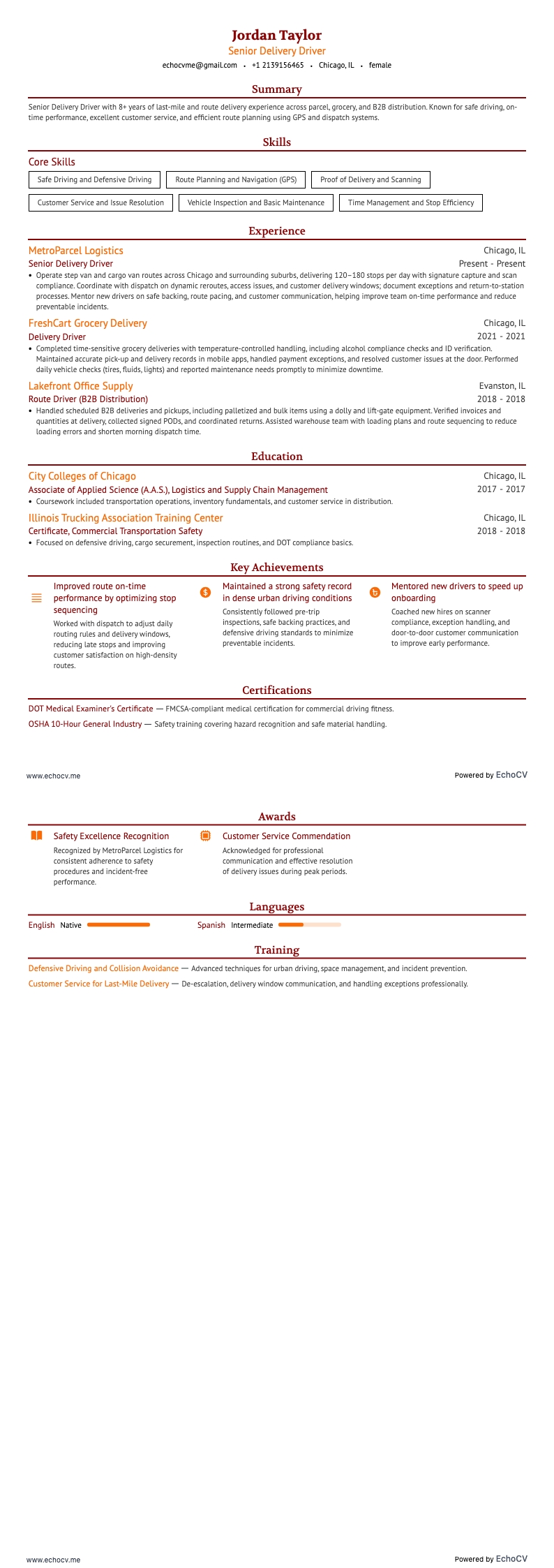 Senior Delivery Driver example resume