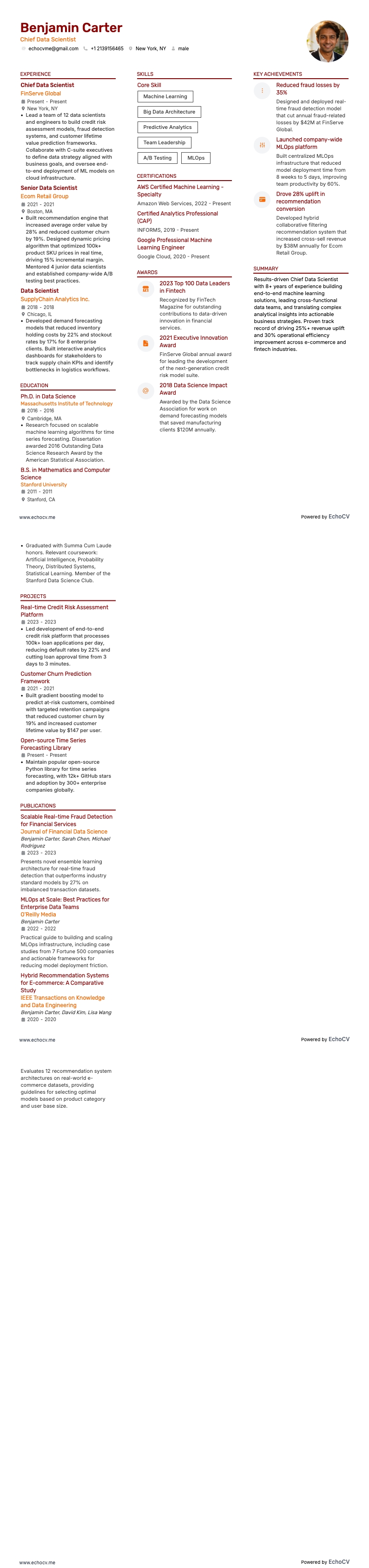Chief Data Scientist example resume