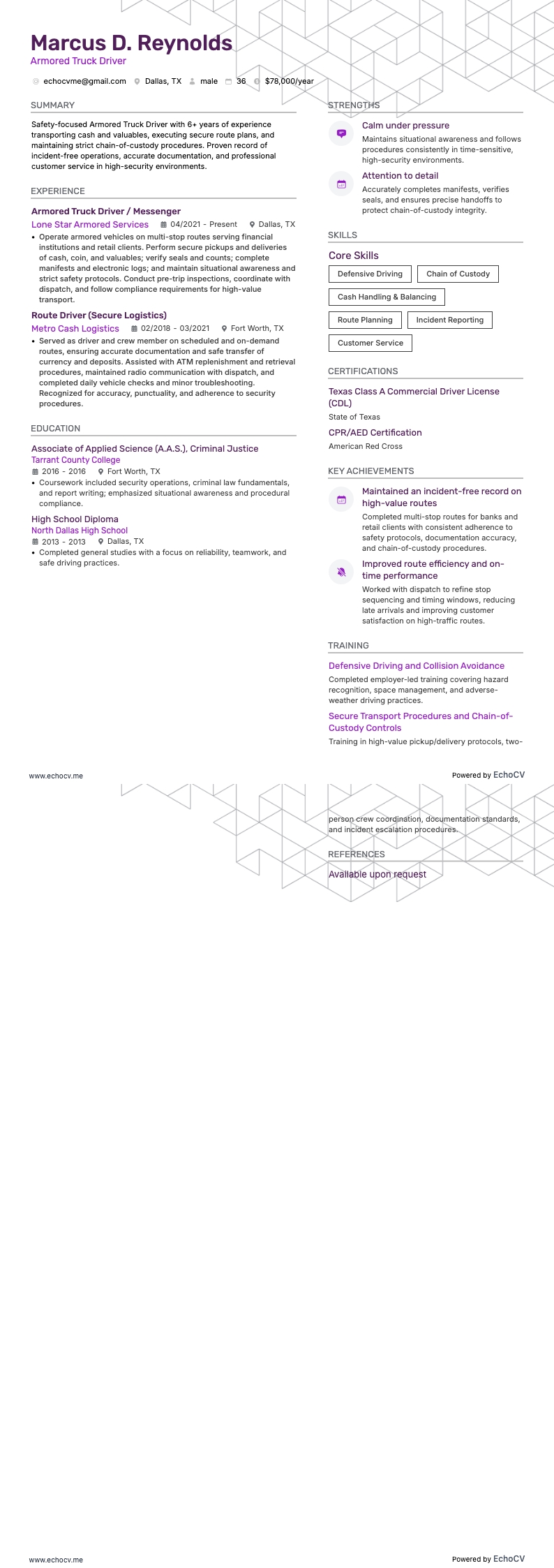 Armored Truck Driver example resume