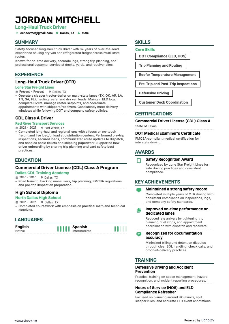 Long-Haul Truck Driver example resume