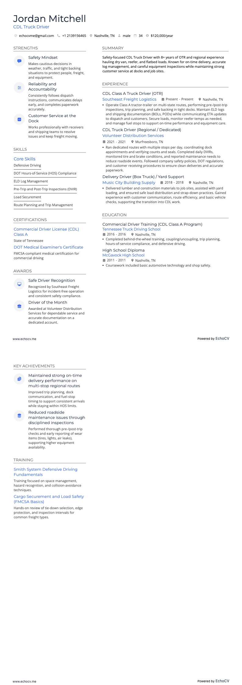 CDL Truck Driver example resume