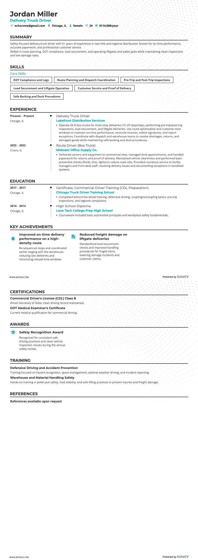 Delivery Truck Driver example resume