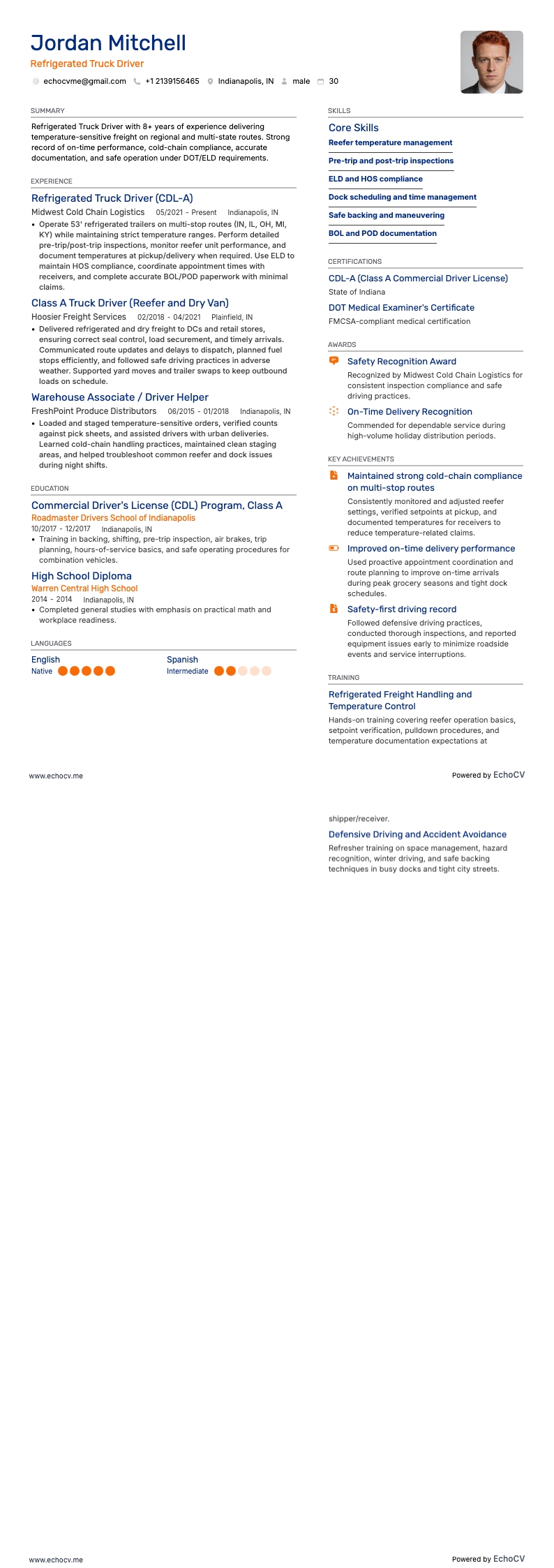 Refrigerated Truck Driver example resume