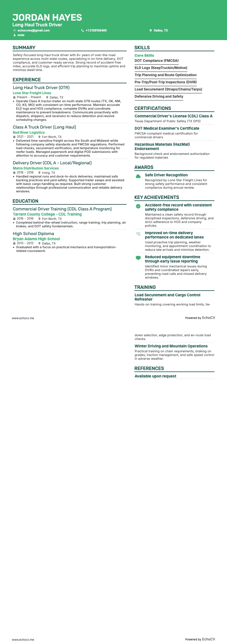 Long Haul Truck Driver example resume