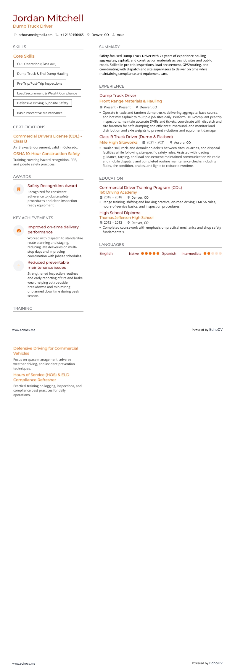 Dump Truck Driver example resume