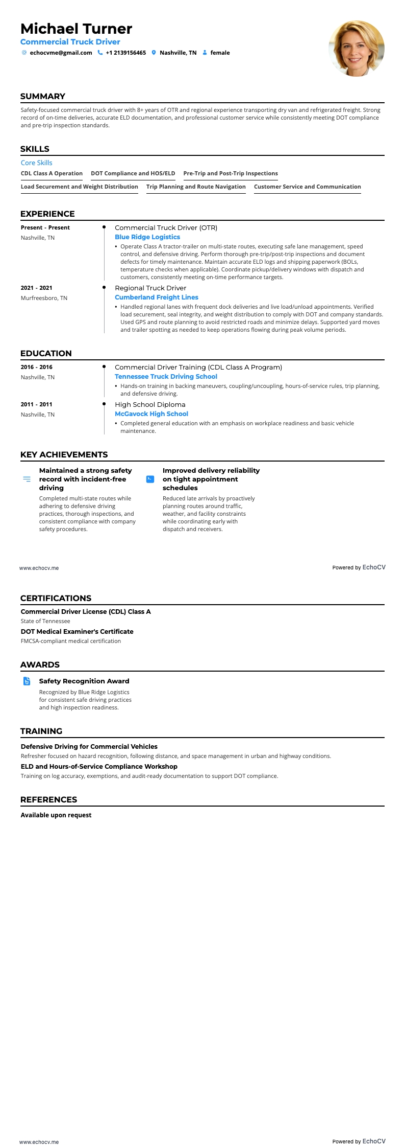 Commercial Truck Driver example resume