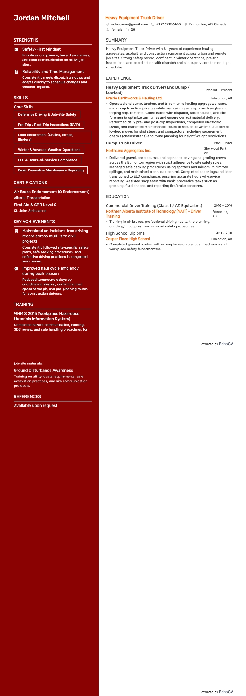 Heavy Equipment Truck Driver example resume