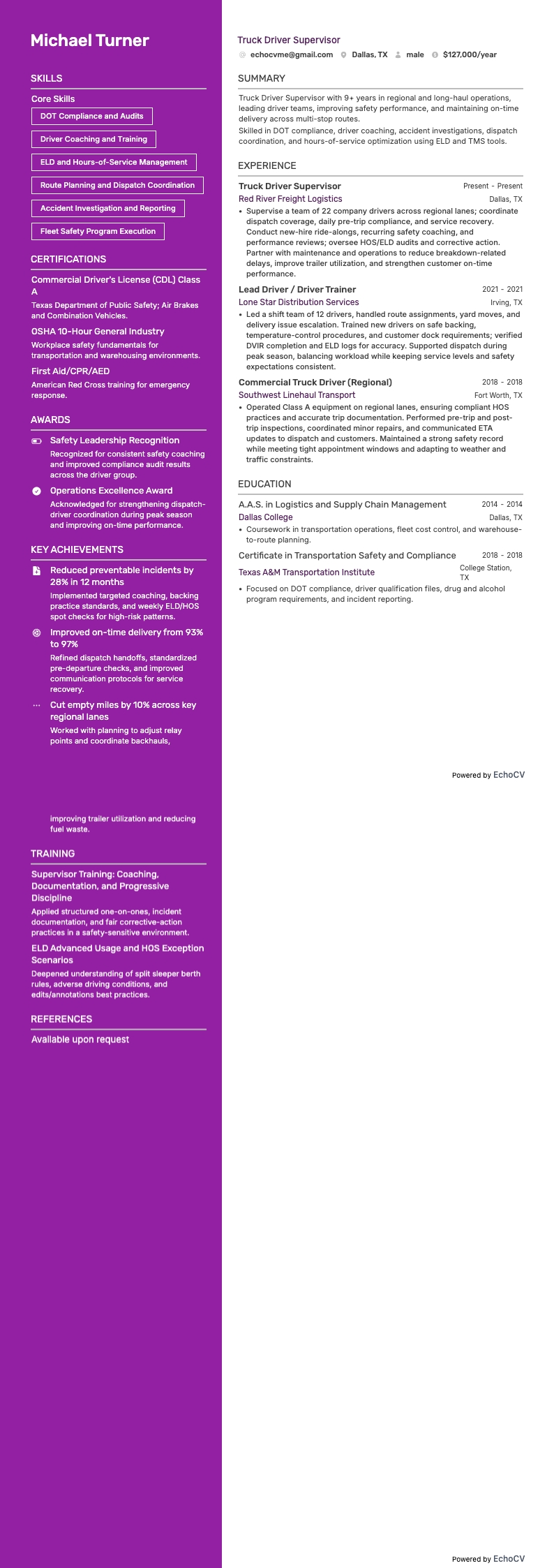 Truck Driver Supervisor example resume