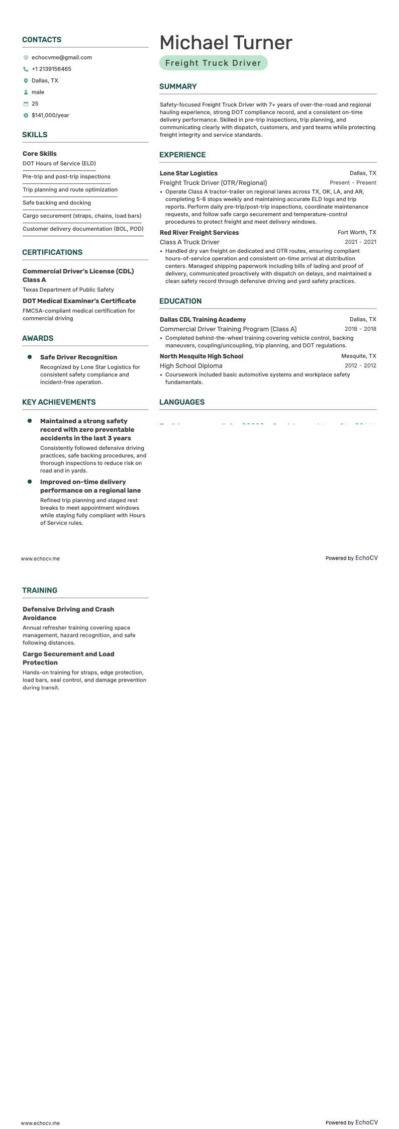 Freight Truck Driver example resume