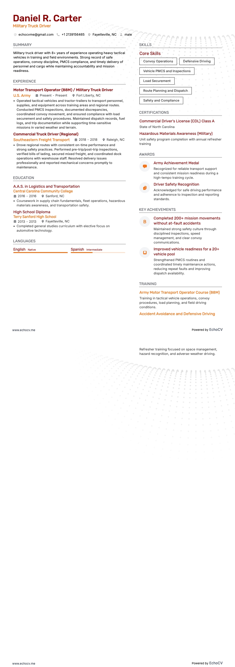 Military Truck Driver example resume