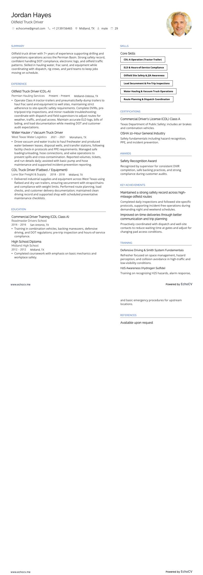 Oilfield Truck Driver example resume