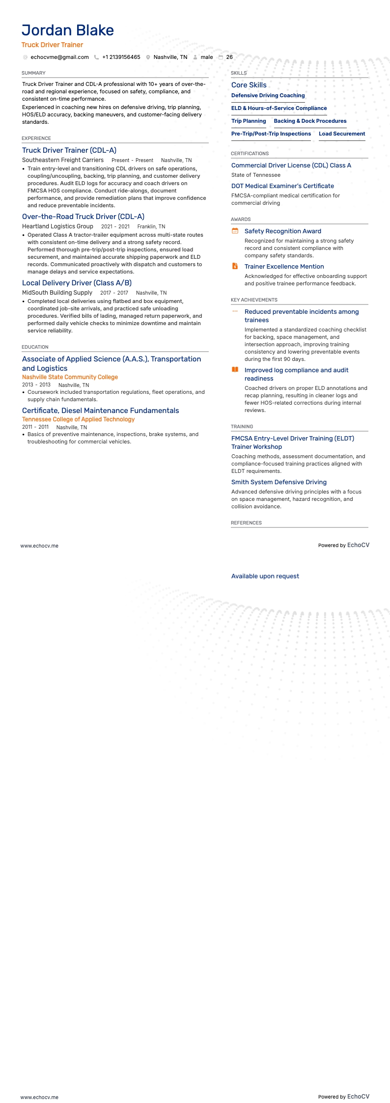 Truck Driver Trainer example resume