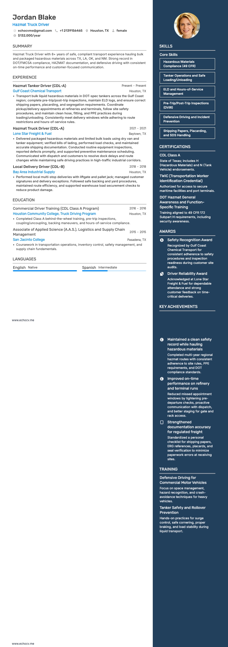 Hazmat Truck Driver example resume