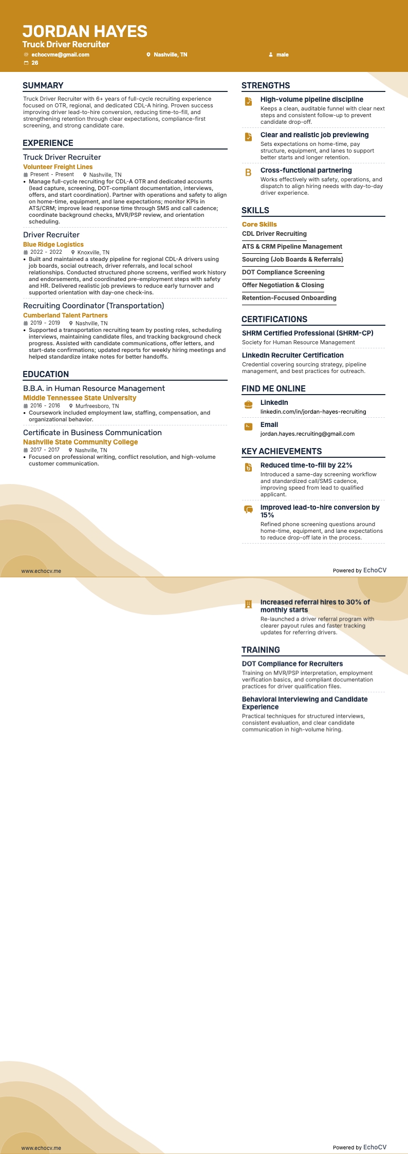 Truck Driver Recruiter example resume