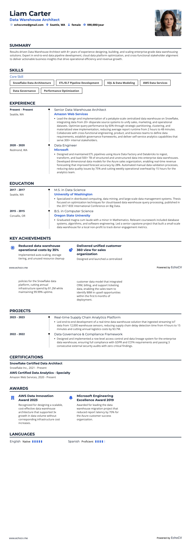 Arquiteto de data warehouse example resume