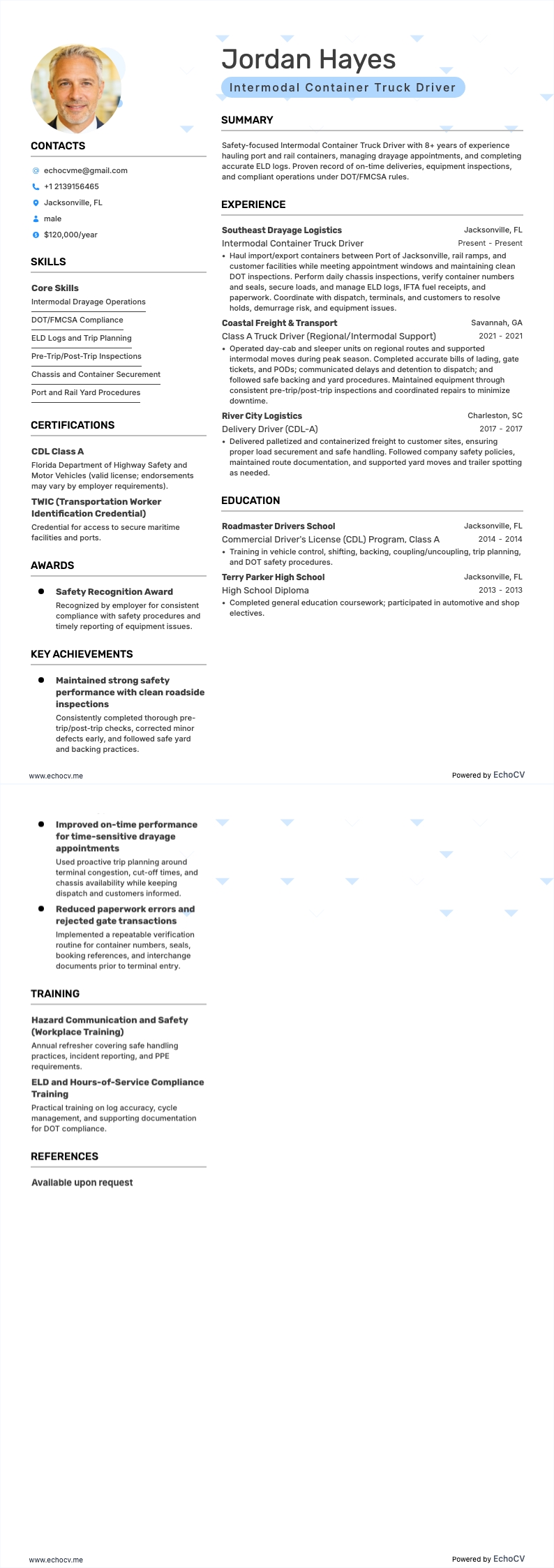 Intermodal Container Truck Driver example resume