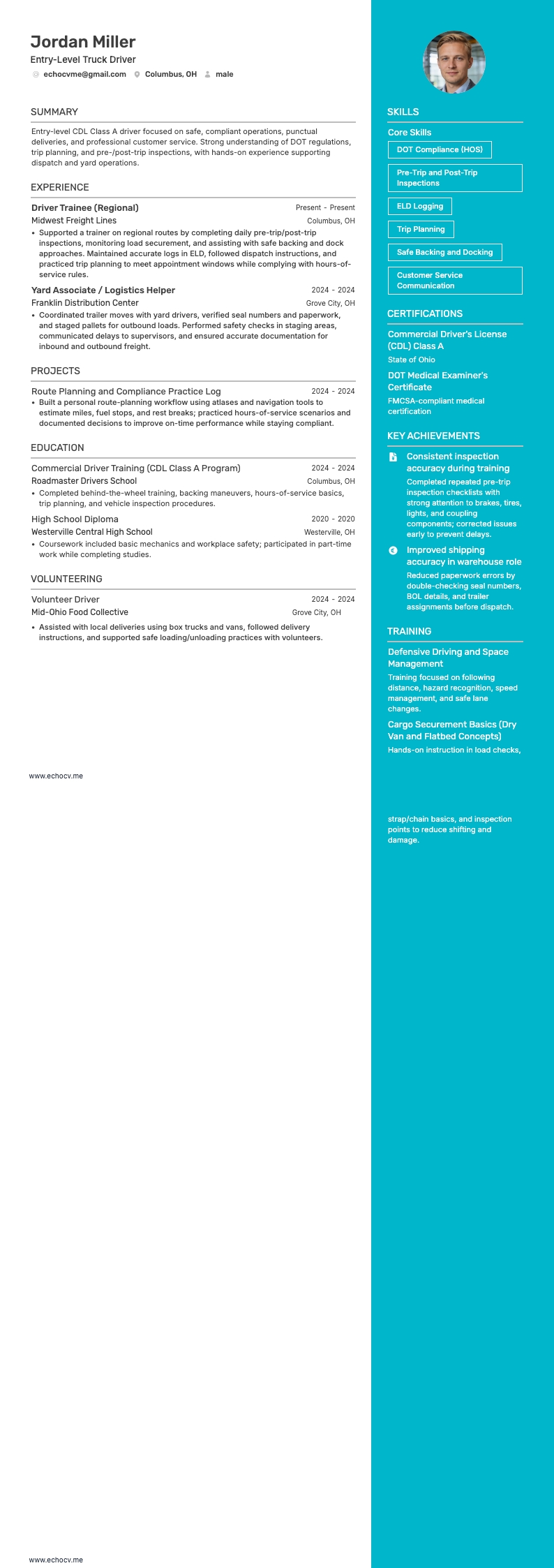 Entry-Level Truck Driver example resume