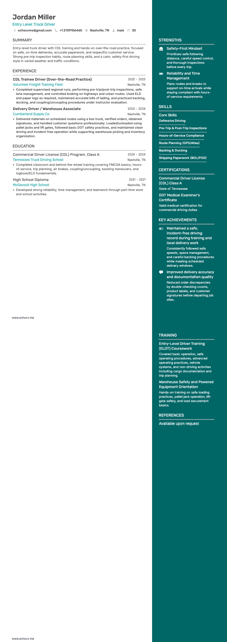 Entry Level Truck Driver example resume