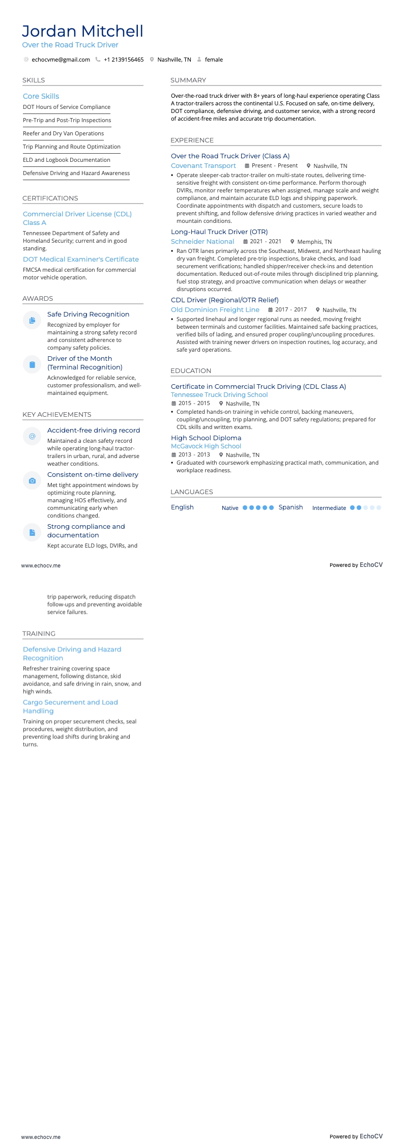 Over the Road Truck Driver example resume