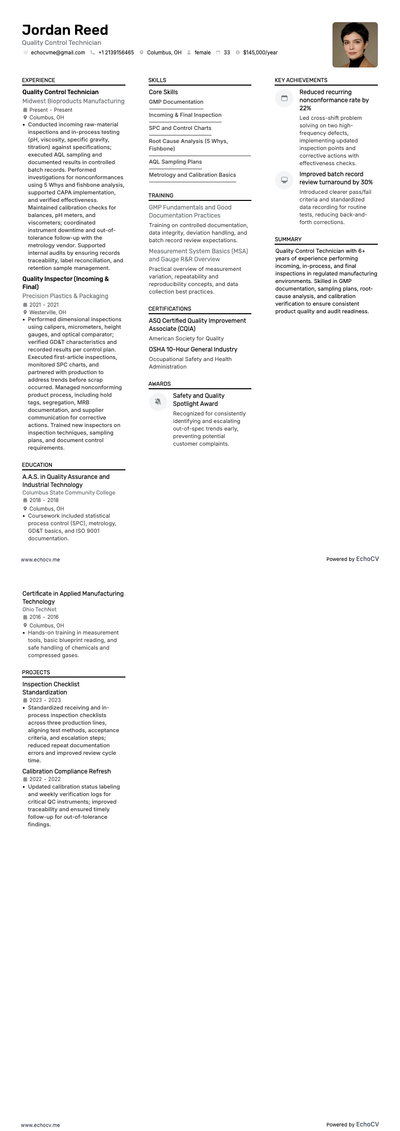 Quality Control Technician example resume