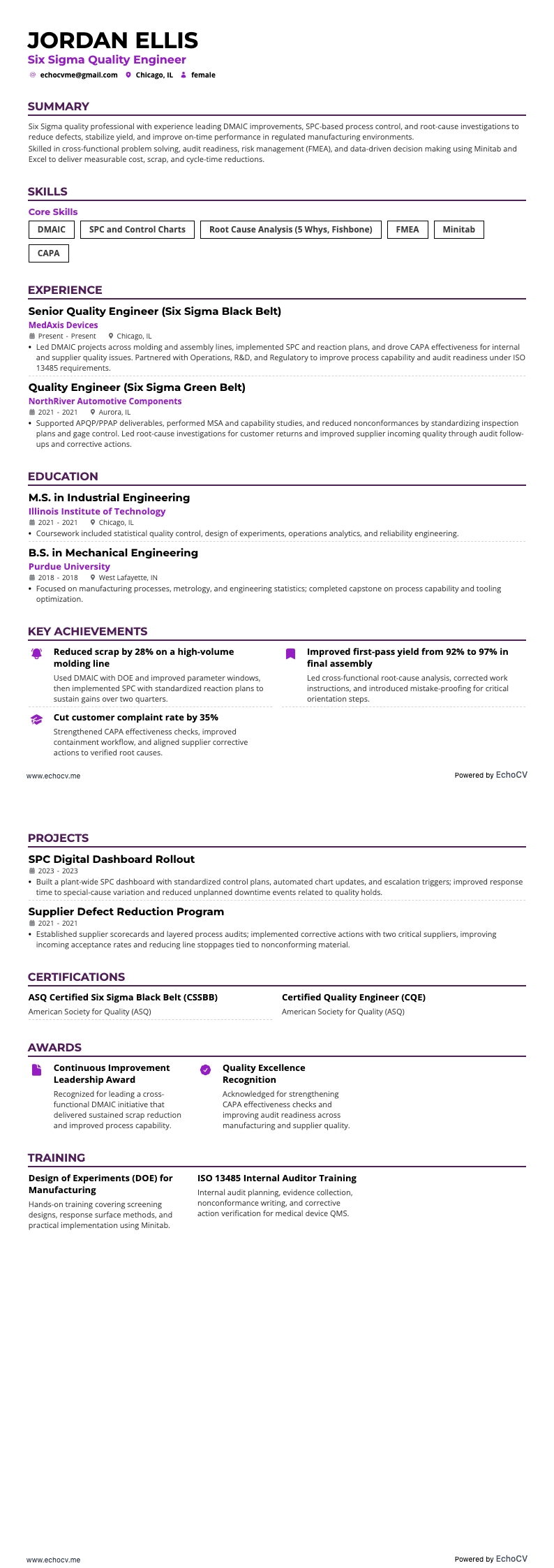 Six Sigma example resume