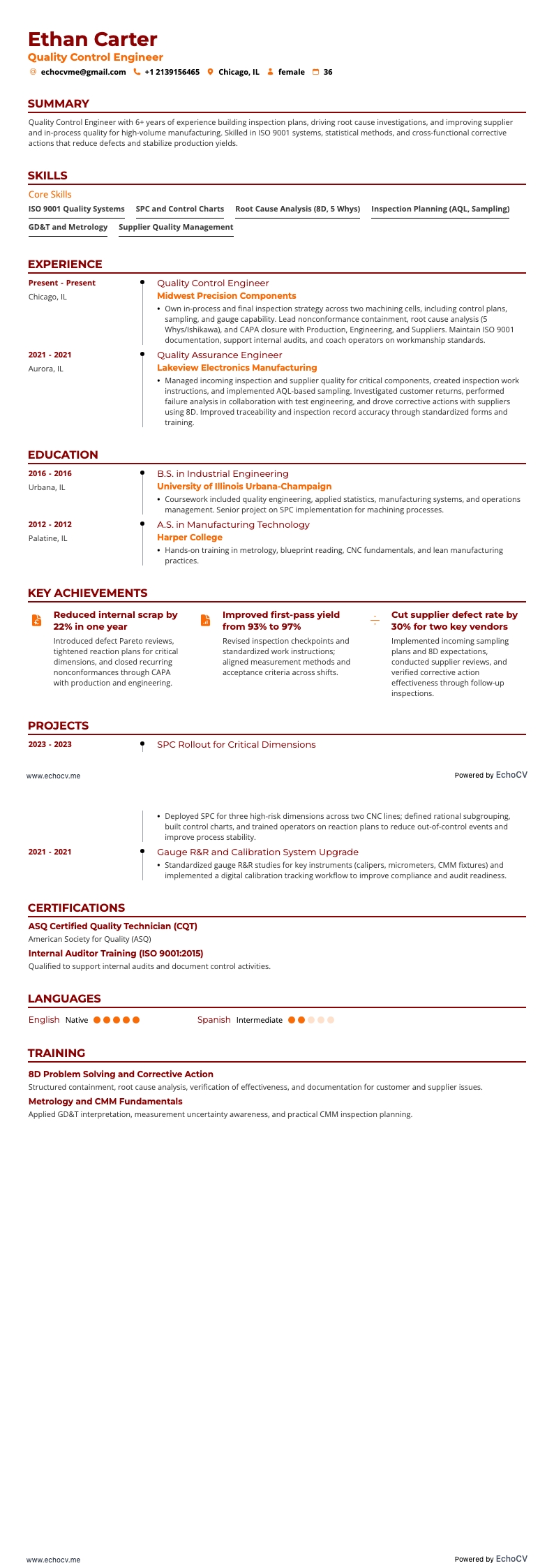 Quality Control Engineer example resume