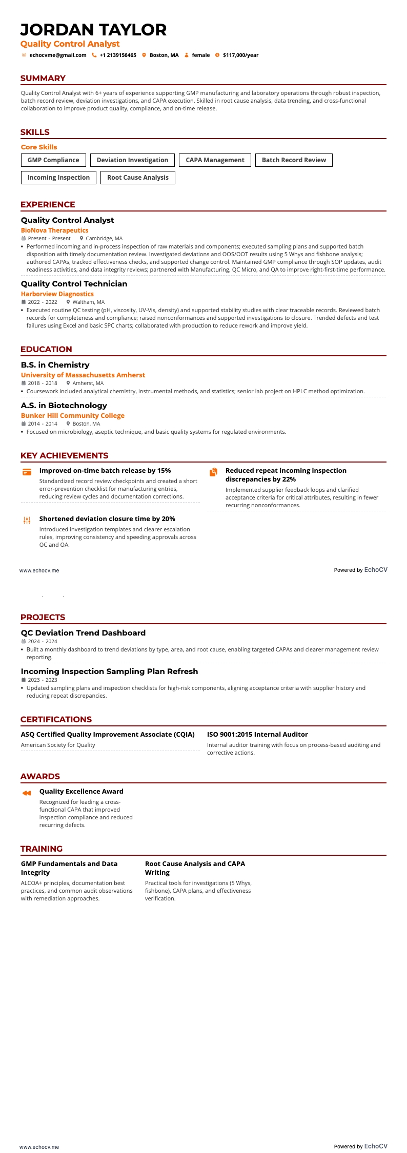 Quality Control Analyst example resume