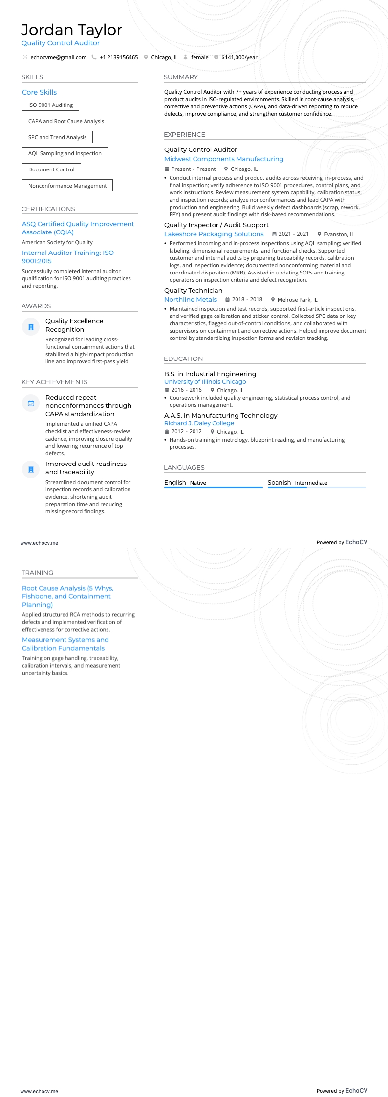 품질 관리 resume example