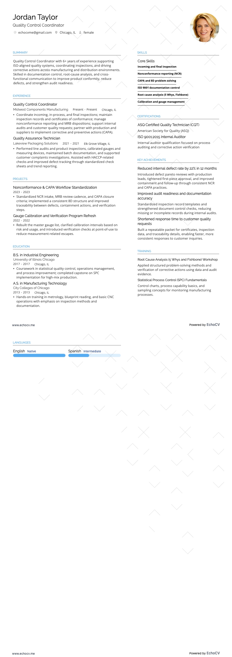 Quality Control Coordinator example resume