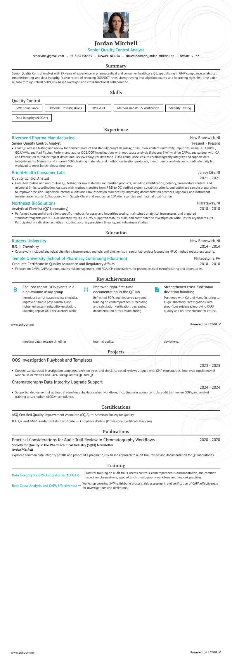 Senior Quality Control Analyst example resume