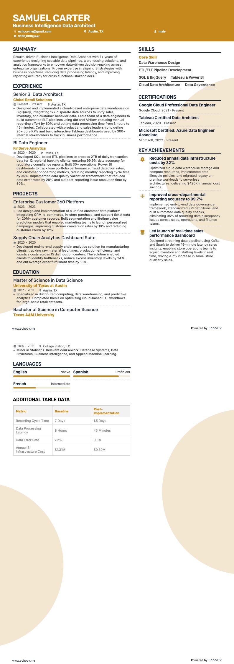 Arquiteto de Dados de Business Intelligence example resume