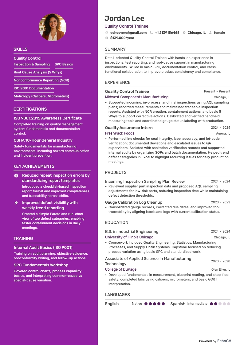 Quality Control Trainee example resume