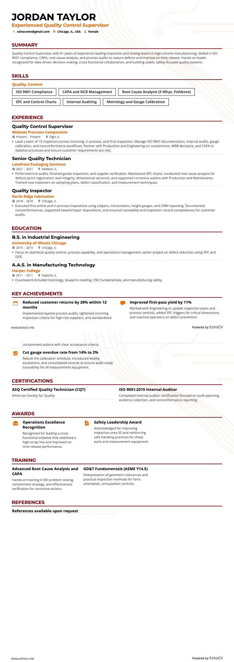 Experienced Quality Control Supervisor example resume