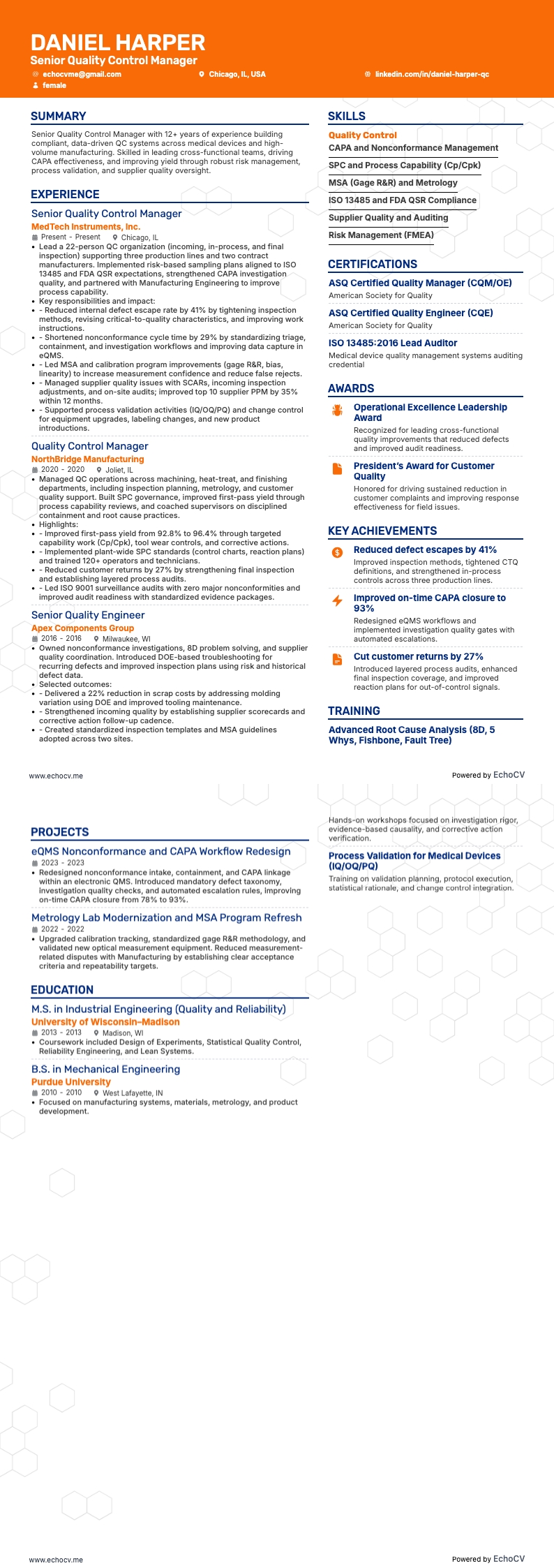 Contrôle qualité resume example