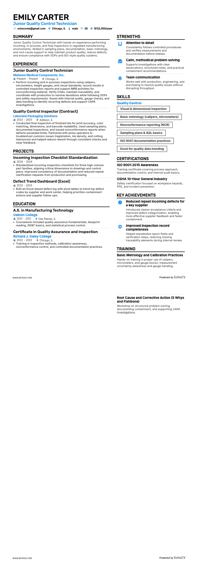 Junior Quality Control Technician example resume