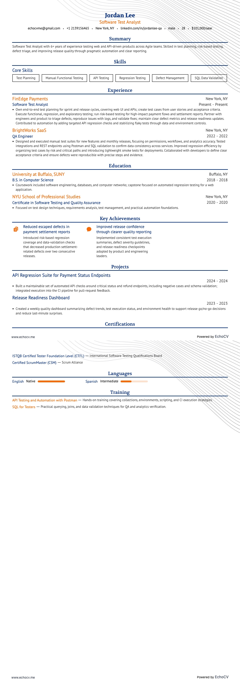 소프트웨어 테스트 분석가 example resume