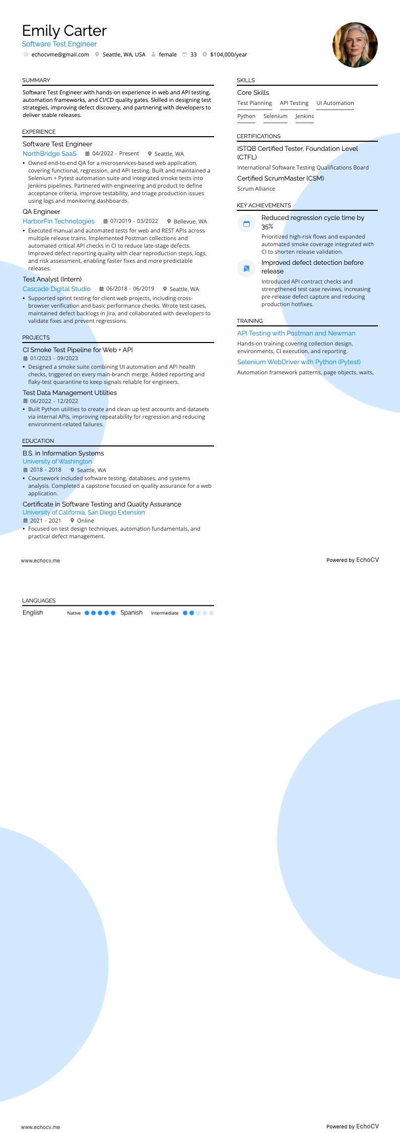 테스트 엔지니어 resume example