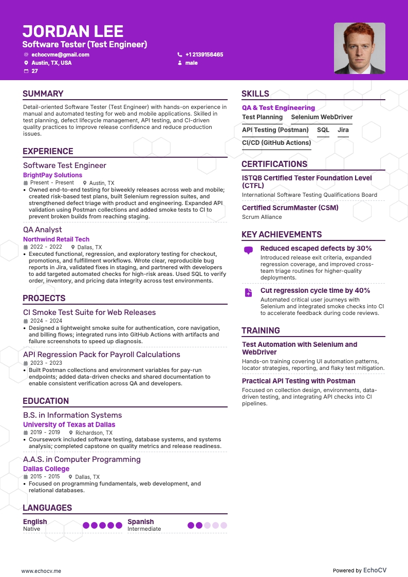 소프트웨어 테스터 example resume