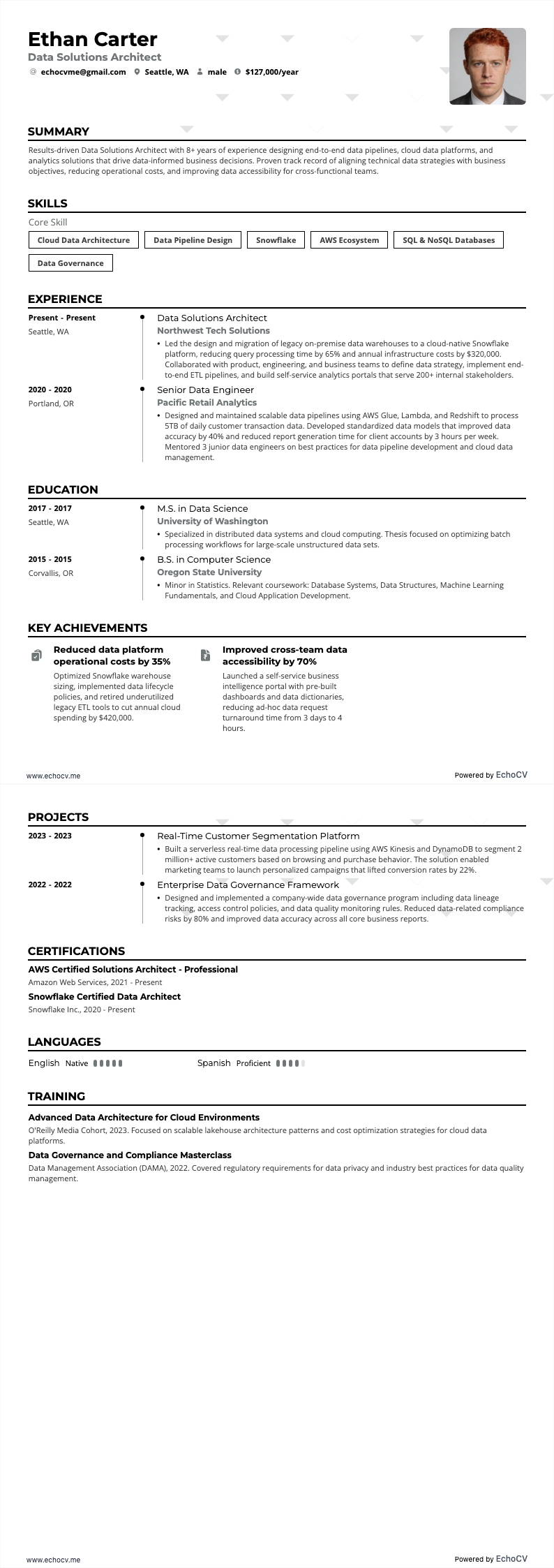 Arquiteto de soluções de dados example resume